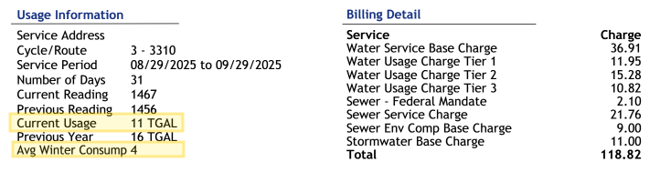 Usage Info and Billing Details. Highlighting Current Usage and Avg. Winter Consumption 